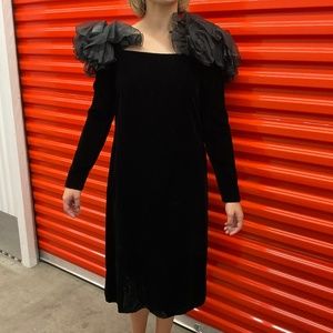 80s Black Velvet Cocktail Dress with Shoulder Poms